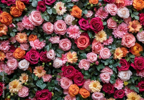 A Vibrant Floral Background Composed of Pink, Red, Orange Roses and Beautiful Blooms Surrounded by Lush Green Leaves for Decor or Design Projects