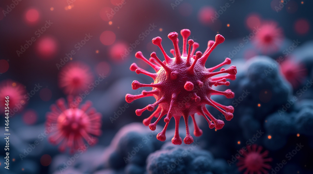 High-resolution close-up illustration of viral infection at the cellular level, glowing particles, medical concept, microphotography style High-resolution close-up illustration of viral infection at the cellular level, glowing particles, medical concept, microphotography style