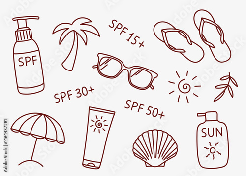 Summer set of illustrations with sunscreen cream. vector illustration