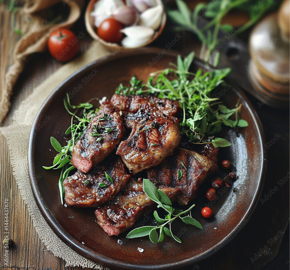 A plate of grilled meat with a rich, fatty texture, garnished with herbs and served on a rustic wooden table