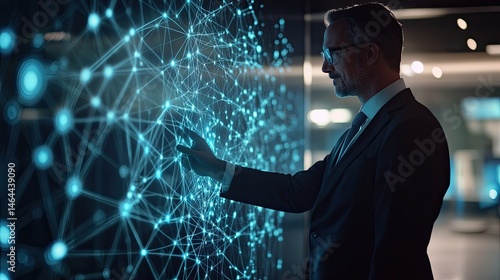 Sophisticated executive interacts with cutting-edge futuristic technology interface