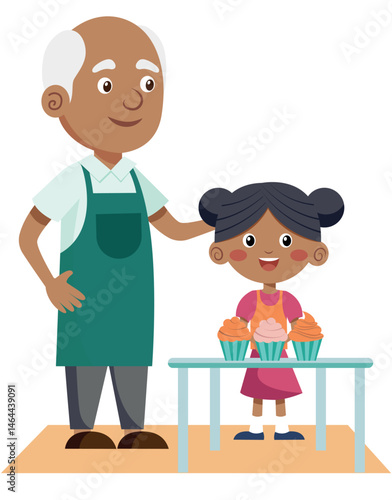 Grandfather and Girl Selling Cupcakes Together