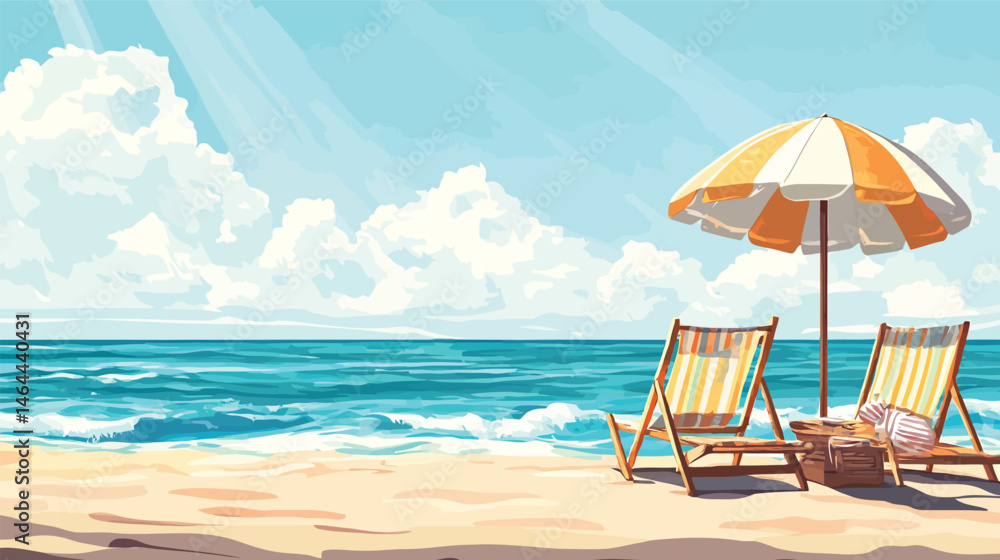 Obraz premium Sun-Kissed Beach Getaway: A serene scene unfolds with the gentle sea breeze and inviting beach, inviting tranquility and leisure under a colorful beach umbrella and sun chairs. 