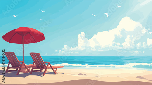 Serenity at the Beach: Two empty beach chairs under a bright red umbrella, inviting you to relax on a serene beach by the sea with fluffy clouds and soaring seagulls, perfect for an ideal summer day.