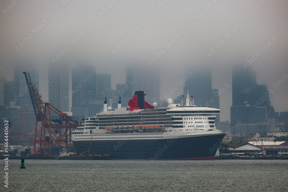 Luxury ocean liner cruiseship cruise ship Queen Mary docked at terminal in Brooklyn on grey rainy cloudy misty day after Transatlantic Crossing in New York City