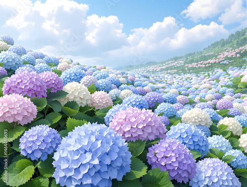 谷に咲く空の下のカラフルな淡い色の紫陽花の花々
