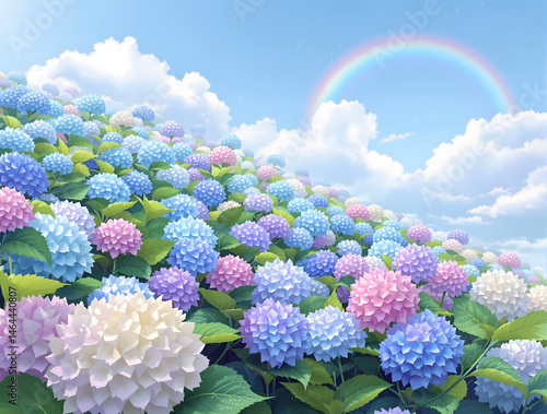 雨の少し残る青空と虹をバックにカラフルな紫陽花の花々
