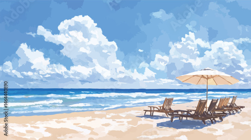 Tranquil Beachscape: A serene digital painting depicting an idyllic beach setting.