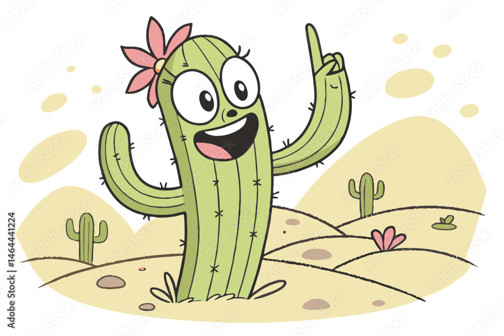 Fototapeta premium 93 Cartoon cactus character, expressive face, big smile, wide eyes, raised arm, pointing upward, pink flowers, desert background, small cactus, pebbles, comical, vibrant green, cheerful, animated styl
