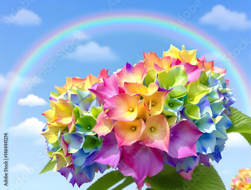 青空と虹の下の虹色の紫陽花の花々
