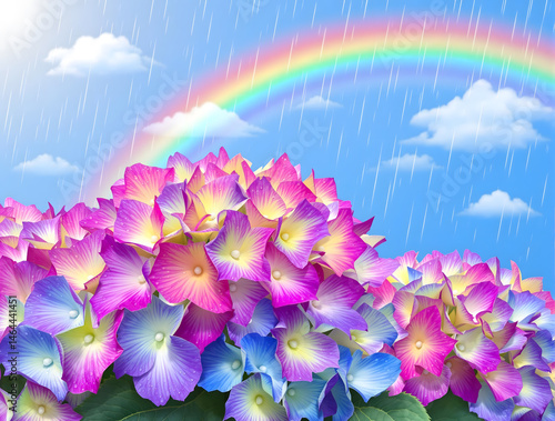 雨の残る青空と虹の下のピンクから青の紫陽花の花々