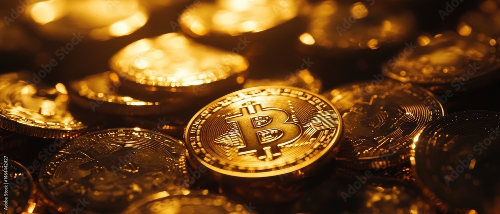 Bitcoin cryptocurrency coins stacked on dark background, digital money investment concept, blockchain technology, financial growth, modern cash alternatives. Bitcoin cryptocurrency coins stacked on dark background, digital money investment concept, blockchain technology, financial growth, modern cash alternatives.