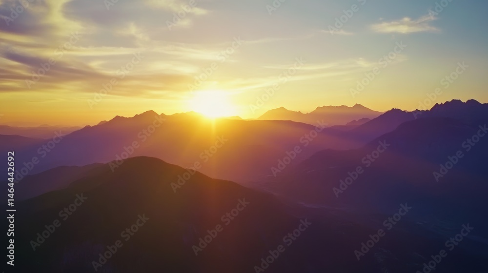Fototapeta premium Sunrise over mountains landscape with colorful sky, nature scenery, tranquil morning view, outdoor adventure, travel destination, peaceful wilderness retreat.