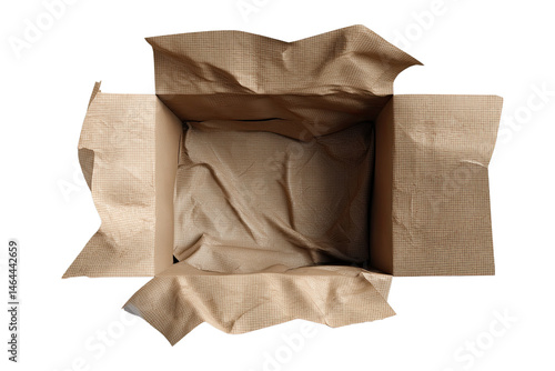 An open corrugated cardboard box with crumpled brown paper inside, suggesting a recent delivery or packaging, isolated on a clean white background in soft lighting.