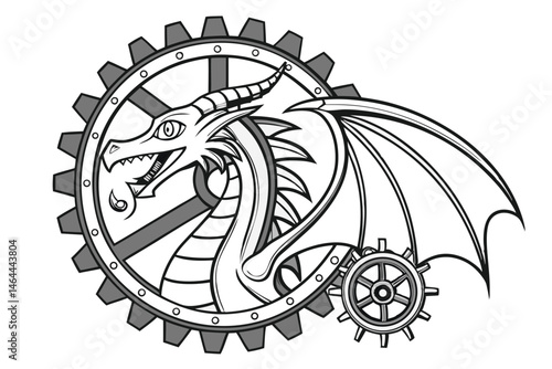 95 Steampunk dragon emblem, intricate metallic design, gears and cogs, circular frame, silver and chrome finish, detailed mechanical components, fantasy creature, industrial aesthetic, monochromatic a