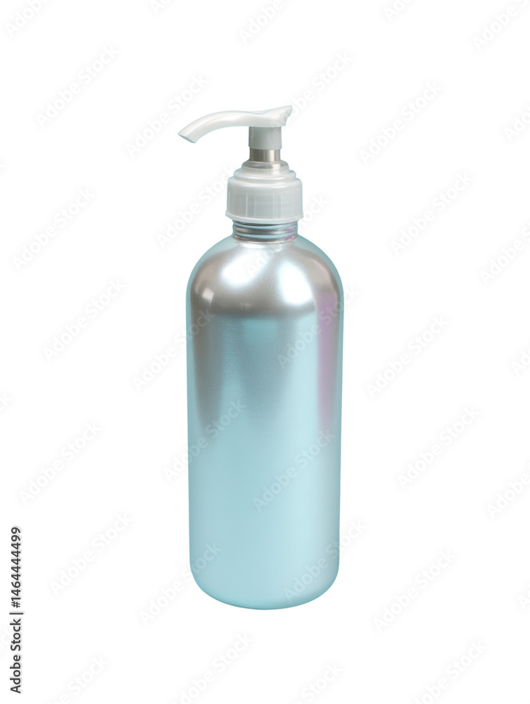 Shiny silver bottle with white dispenser pump, isolated on white background, perfect for lotion, soap, or sanitizer displayed in a studio setting. Shiny silver bottle with white dispenser pump, isolated on white background, perfect for lotion, soap, or sanitizer displayed in a studio setting.