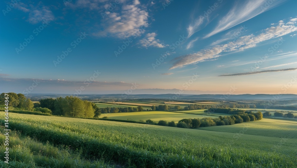 Fototapeta premium Vibrant summer landscape with a green field under a clear blue sky, evoking a serene natural scene