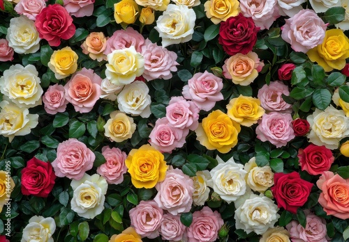 Colorful Arrangement of Various Roses Blooming in a Garden Setting with Green Foliage Surrounding the Blossoms in Different Shades and Varieties