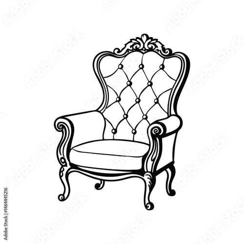 Line art illustration of a vintage ornate armchair with a high back.eps