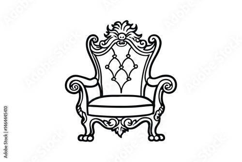 Line art illustration of an antique armchair with carved griffin arms.eps