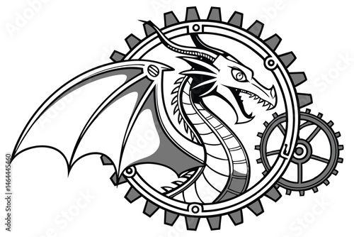 95 Steampunk dragon emblem, intricate metallic design, gears and cogs, circular frame, silver and chrome finish, detailed mechanical components, fantasy creature, industrial aesthetic, monochromatic a