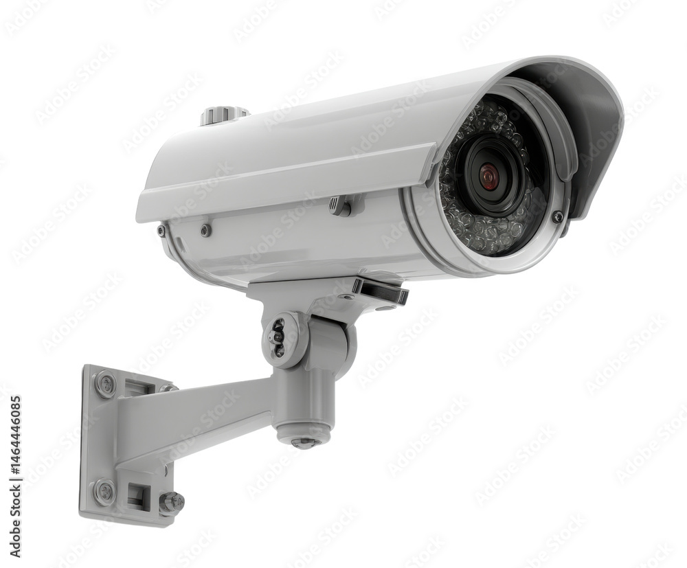 A white closed-circuit television camera affixed to a bracket monitors premises for security and surveillance, rendered against a clean, isolated white background. A white closed-circuit television camera affixed to a bracket monitors premises for security and surveillance, rendered against a clean, isolated white background.