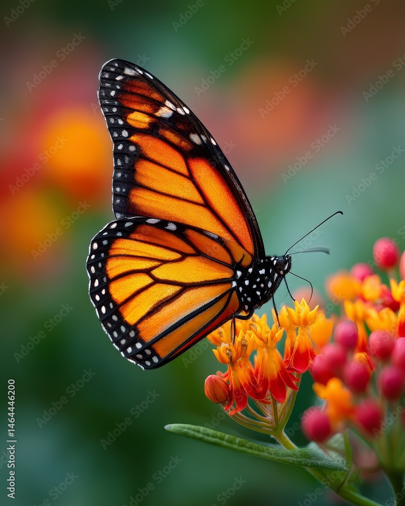 Fototapeta premium Vibrant monarch butterfly with orange and black patterned wings perched on bright flowers in a colorful garden setting