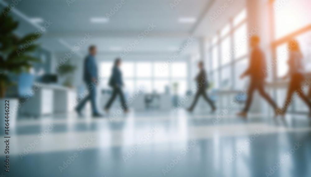 Obraz premium Modern blurred office background with people working and walking, captured straight-on from knee level. Clean design, soft blur. Ideal for business, teamwork, collaboration, and corporate visuals.