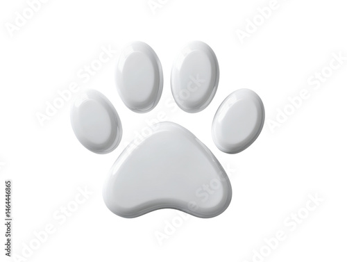 Glossy white paw print with a subtle shadow, isolated against a clean white background, creating a simple and modern design element for various applications.