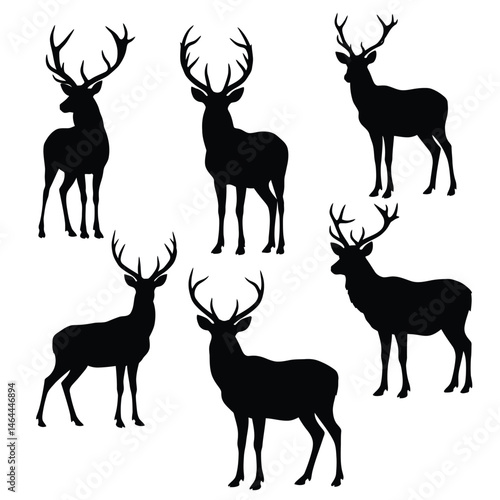 Deer silhouette vector collection on a white background. Beautiful male gazelle with big horns silhouette set design. Stag and reindeer standing, black and white silhouette vector bundle.