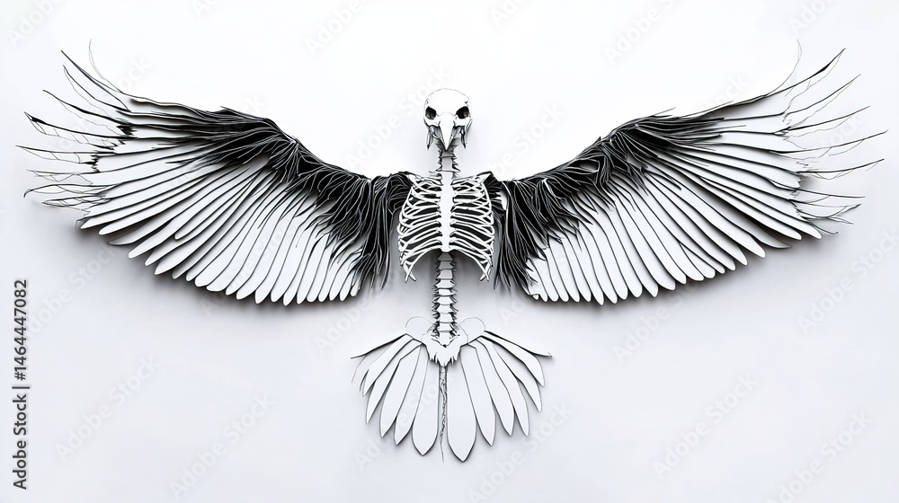 Fototapeta premium A black-and-white illustration of a bird skeleton with spread wings and detailed bones.