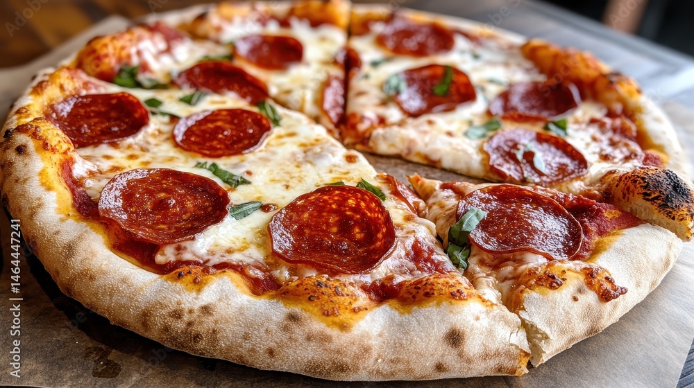 This appetizing pepperoni pizza on a rustic wooden table offers a delightful and casual dining experience, perfect for sharing moments with family and friends over meals. This appetizing pepperoni pizza on a rustic wooden table offers a delightful and casual dining experience, perfect for sharing moments with family and friends over meals.