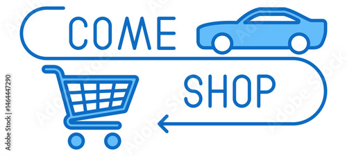 Come Shop Retail Shopping Invitation - Call To Action - CTA - Label, Banner, Flyer, Vector Design Blue Fill Outline