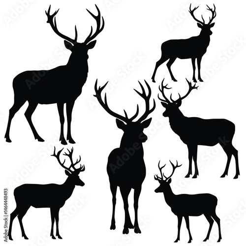 Deer silhouette vector collection on a white background. Beautiful male gazelle with big horns silhouette set design. Stag and reindeer standing, black and white silhouette vector bundle.