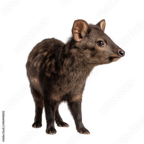 A young Southern Pudu, one of the smallest deer species in the world, stands gracefully against a clean white background showcasing its tiny and delicate form.