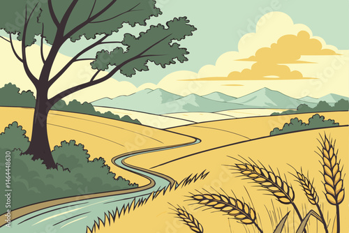 97 Rural landscape, winding river, golden wheat fields, rolling hills, distant mountains, fluffy white clouds, blue sky, green trees, wheat stalks in foreground, vibrant colors, pastoral scene, serene