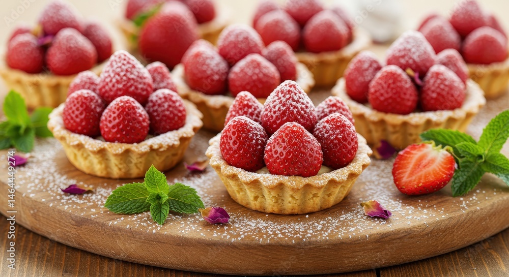 Strawberry tartlets with rose petals, powdered sugar on berries, served on a wooden board with mint. Strawberry tartlets with rose petals, powdered sugar on berries, served on a wooden board with mint.