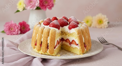 Elegant strawberry charlotte dessert with soft fabric and fresh flowers in the background, powdered sugar sprinkled above.
