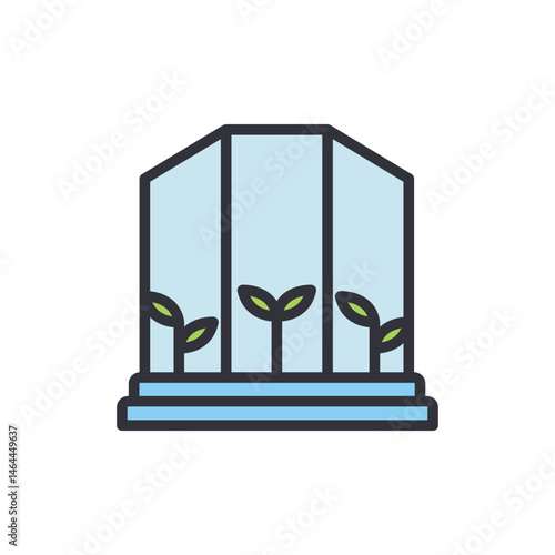 Minimalist graphic illustration of a greenhouse with sprouting seedlings