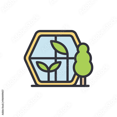Stylized icon depicting plants inside a geometric greenhouse structure