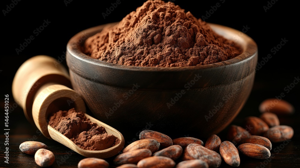 Dark cocoa powder in wooden bowl, with cocoa beans Dark cocoa powder in wooden bowl, with cocoa beans