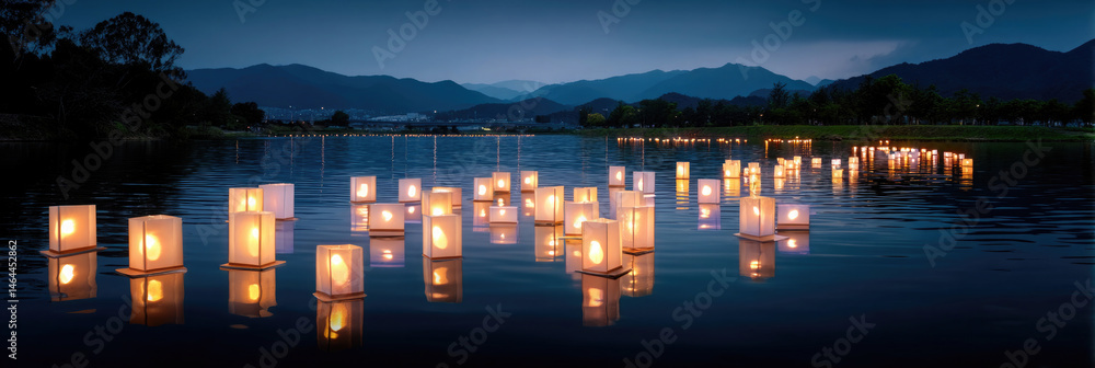 Fototapeta premium Softly glowing lanterns glide across still water, creating a tranquil atmosphere at night. Distant mountains loom under a starry sky, enhancing the peaceful view