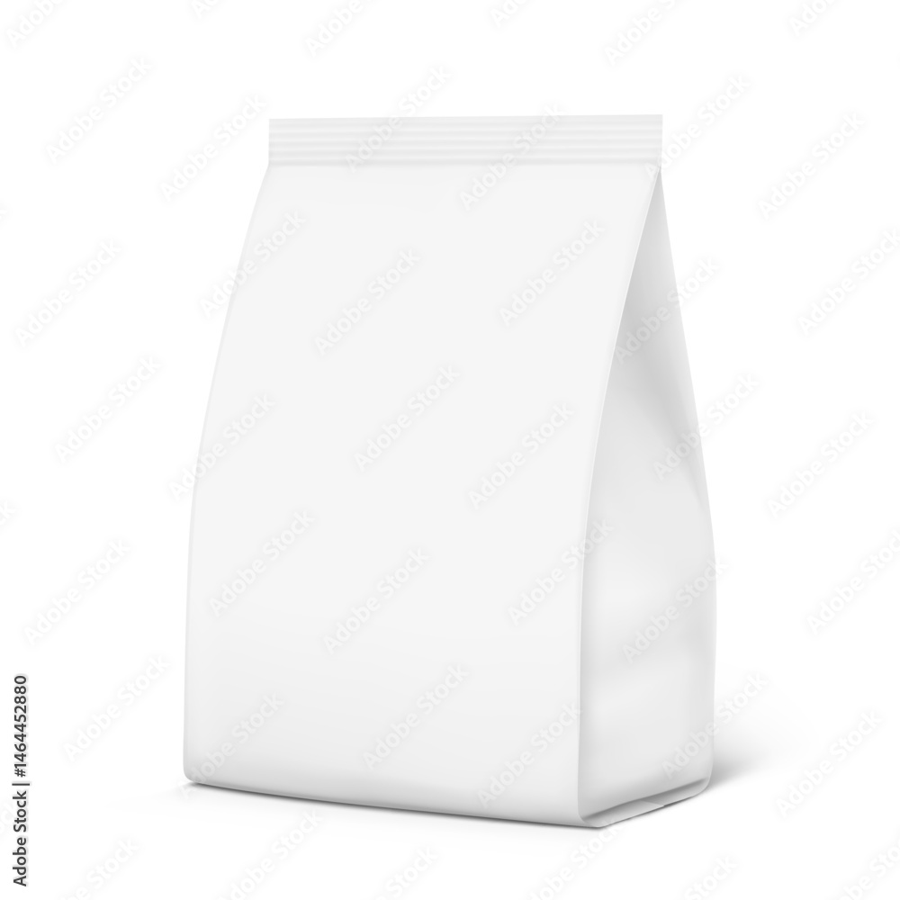Vertical bag mockup. Flat bottom gusset bag. Half side view. Vector illustration isolated on white background. Ready for use in presentation, promo, advertising and more. EPS10. Vertical bag mockup. Flat bottom gusset bag. Half side view. Vector illustration isolated on white background. Ready for use in presentation, promo, advertising and more. EPS10.
