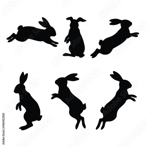 Cute bunny rabbit jumping in different positions. Bunny rabbit silhouette set vector on a white background. Cute rabbit standing silhouette collection. Bunny silhouette icon bundle design.