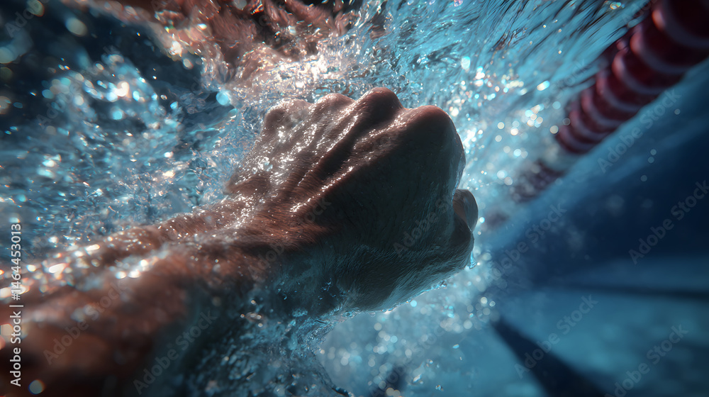 Fototapeta premium Underwater Close-up Swimmer's Hand Gripping Lane Line