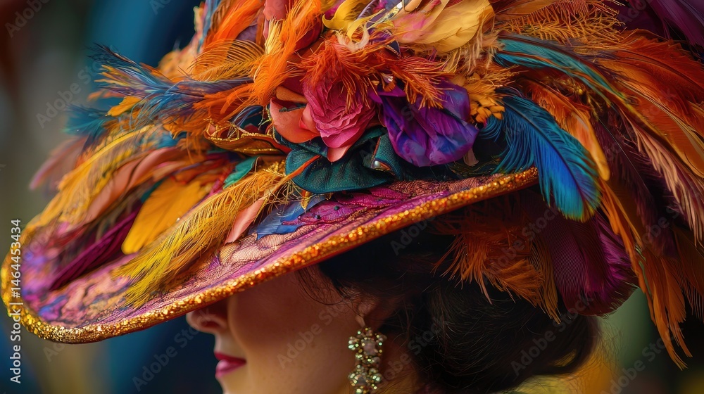 Fototapeta premium Ornate fascinator with vibrant feathers and flowers.