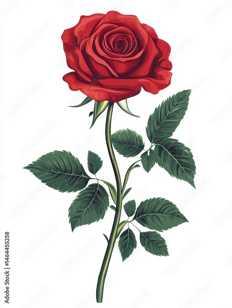Obraz premium Elegant Red Rose with Lush Green Leaves Set Against a White Background Perfect for Celebrations, Romantic Occasions, and Floral Designs