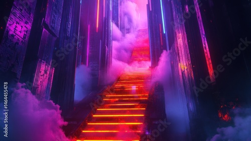 Fototapeta Naklejka Na Ścianę i Meble -  Neon-lit staircase ascends into a misty, futuristic temple, bathed in vibrant purple and orange hues.  Ancient-looking pillars flank the path, shrouded in a thick fog
