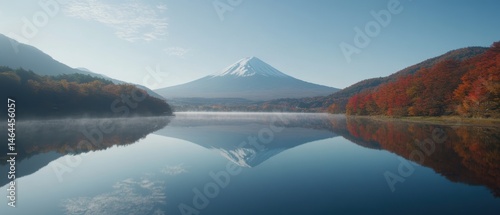 Mountain landscape with reflection in calm lake during autumn morning, scenic view of nature with colorful fall foliage and clear blue sky in serene environment.