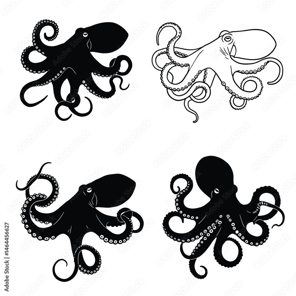 Naklejka premium Octopus with tentacles in different positions, silhouette set vector. Big octopus silhouette collection on a white background. Sea creatures like octopuses or squids, full body silhouette bundles.